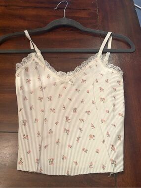 White Floral Lace-Trim Ribbed Tank Top with Pink Rose Print